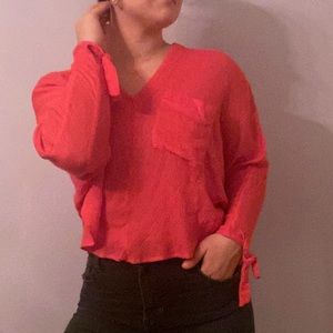 FREE PEOPLE // Coral Tie Sleeve Blouse